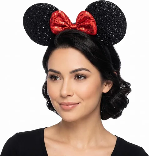 Vista 4 de Lucky Will Diadema de orejas de dibujos animados, diadema negra clásica con lazo rojo, bonito accesorio para el cabello para mujeres y niñas, fiesta
