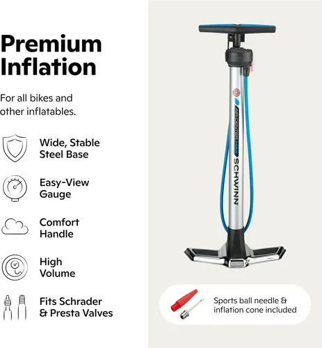 Vista 9 de Schwinn Serie Air Center o bomba de piso básica, para una gama de bicicletas, 100, 120 o 160 PSI, mango de agarre suave, cabezal doble para válvulas