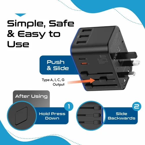 Vista 6 de Ceptics 45W Universal Travel Adapter w/ 3 USB-A, 2 USB-C & Universal Input Negro