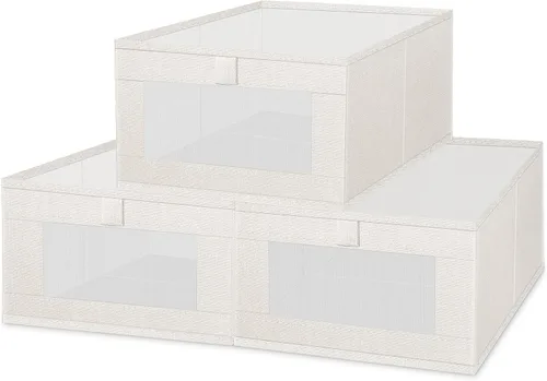 Vista 2 de Paquete de 3 cestas organizadoras de almacenamiento de lino - cestas de almacenamiento para armario de tela plegables con ventana transparente