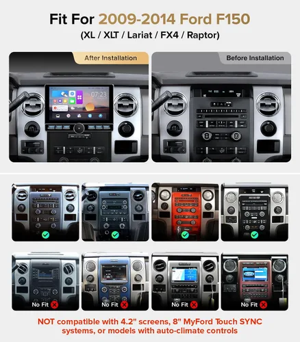 Vista 2 de para Ford F150 Radio de Coche 2009-2014 CarPlay inalámbrico Android Auto Interruptor de botón único QLED Pantalla táctil Estéreo de mejora