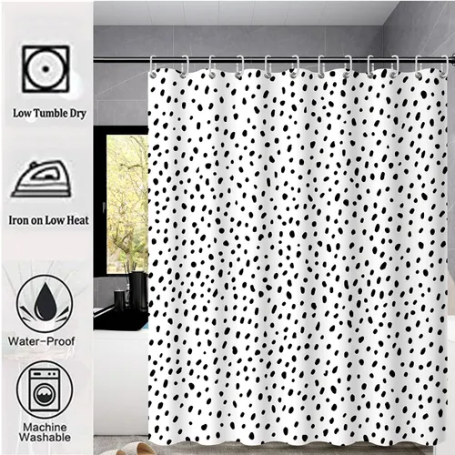 Vista 2 de Cortina de ducha de lunares negros para baño, diseño pequeño y moderno de lunares negros sobre blanco, tela de poliéster impermeable para niños, 72