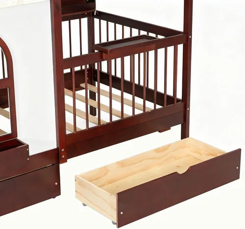 Vista 9 de Cama de casa con tienda y estantería, 2 cajones, carga USB Espresso-tt