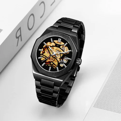 Vista 4 de Tiong Reloj de pulsera mecánico de acero inoxidable de esqueleto de lujo, resistente al agua, negro, automático, para hombre