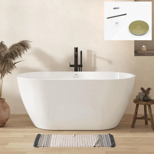 Vista 24 de FerdY Bañera independiente de acrílico Bali de 47 pulgadas, bañera independiente con forma elegante, certificado cUPC, drenaje dorado cepillado