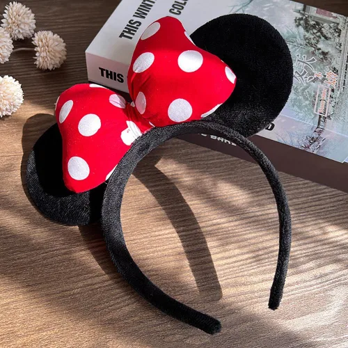 Vista 4 de JIAHANG Diadema de terciopelo con orejas de ratón, lazo de algodón 3D con lunares, decoración de fiesta, disfraces, accesorios para el cabello