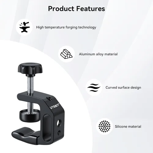 Vista 4 de UTEBIT 0.36"-1.2" Universal Aluminum C-Desk Clamp, Black Adjustable Support Clamp with 1/4" and 3/8" Thread for Desktop Mount Holder Flash Desks