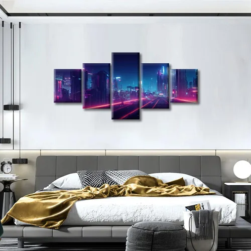 Vista 190 de Cuadros de 5 paneles de Cyberpunk City, arte de pared, representación de vallas publicitarias, edificios modernos en la capital con obras de arte