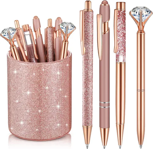 Vista 12 de Sabary 8 bolígrafos negros con soporte para bolígrafo para escritorio, con purpurina, diamantes de cristal, bonito soporte para lápices, organizador