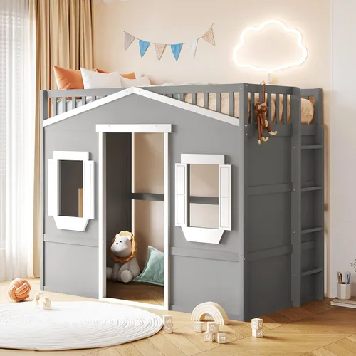 Vista 11 de Playhouse Wood Twin Size Loft Bed with Storage Staircase, Desk, Shelves