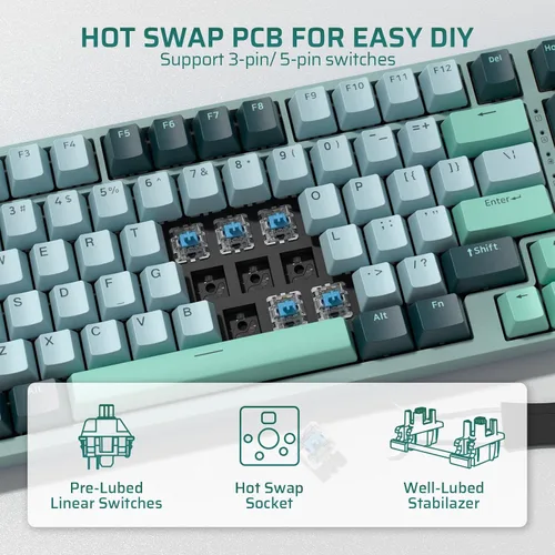 Vista 4 de LTC Nimbleback NB981 - Teclado mecánico inalámbrico al 95%, 2.4G/BT/USB-C con cable RGB 98 teclas, amortiguador de 3 capas, PCB de intercambio