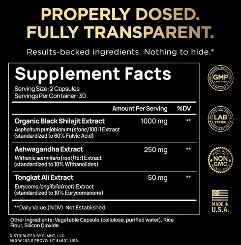 Vista 2 de Shilajit negro de 100 veces de fuerza para hombres con 10% Tongkat Ali y Ashwagandha – Cápsulas de Shilajit de mayor potencia 60% ácido fúlvico puro