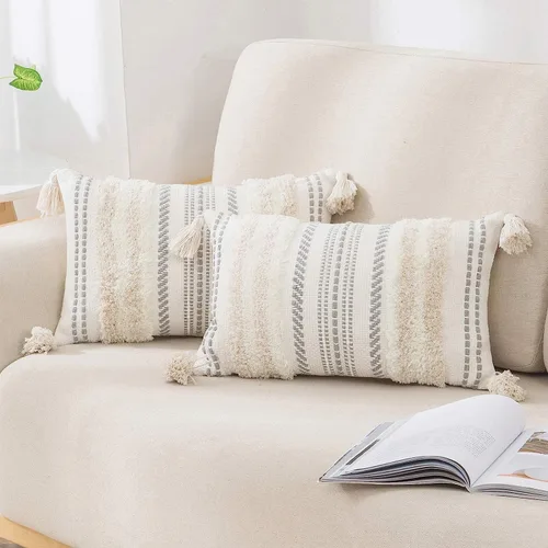 Vista 16 de decorUhome Funda de almohada decorativa bohemia de 18 x 18 pulgadas, funda de almohada de acento con textura neutra acolchada a rayas para sofá