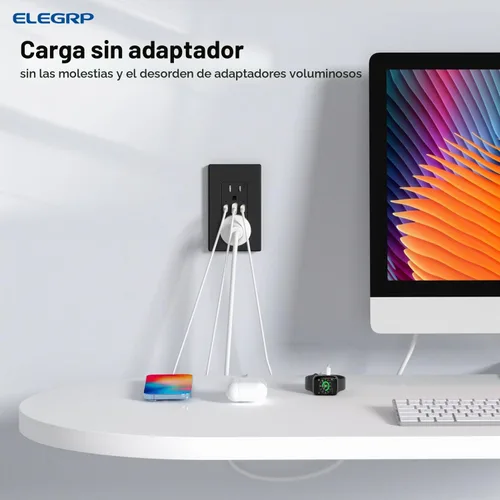 Vista 6 de ELEGRP Tomacorrientes USB, 30 W 6.0 Amp USB C, toma de pared USB de 3 puertos, toma de corriente resistente a manipulaciones de 15 amperios con 2