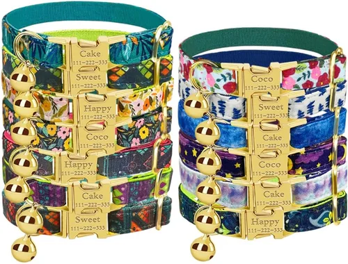 Vista 23 de Collar de gato personalizado con placa de nombre, collares ajustables de nailon resistente para identificación de gato con campana, personaliza