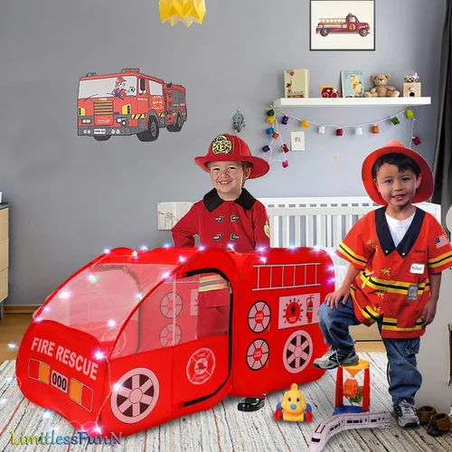 Vista 4 de Camión de bomberos Pop Up Tienda y luces para niños, casa de juego de camiones de bomberos para niños