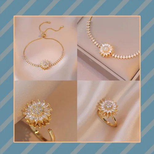 Vista 5 de Pulsera giratoria de girasol para mujer, collar de girasol, anillo ajustable, accesorios de joyería de flores, regalos, collar, accesorios, pulsera