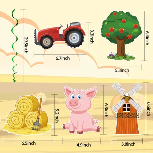 Vista 5 de Decoración de remolinos colgantes para fiestas de animales de granja, paquete de 30 pancartas colgantes de remolinos para decoración de animales