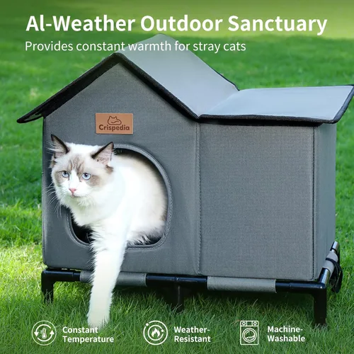 Vista 2 de Casa para gatos climatizada resistente a la intemperie para exteriores en invierno, refugio elevado para gatos salvajes, cama aislada para gatos