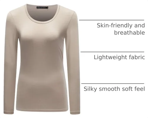 Vista 4 de OThread & Co. Camiseta de manga larga con cuello redondo para mujer, capa básica, de elastano Albaricoque