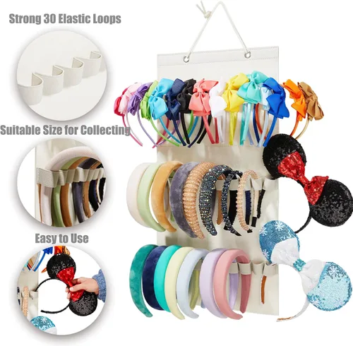 Vista 2 de Organizador de diadema colgante con 30 bucles elásticos para mujeres y niñas, diadema de pared, organizador para el hogar (beige)
