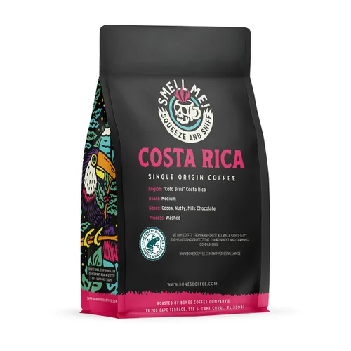 Vista 2 de Bones Coffee Company Costa Rica Granos de café arábica enteros tostados, de origen exclusivo sabor a nuez, leche y chocolate, tostado medio, bajo