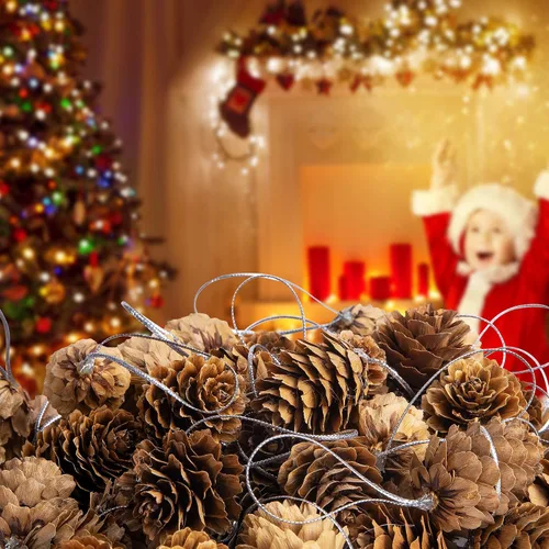 Vista 7 de Deloky 60 mini conos de pino colgantes naturales de Navidad con cuerda, 1.2 pulgadas, otoño, Acción de Gracias, árbol de Navidad, adornos de piña