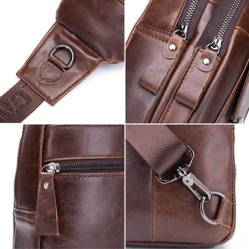 Vista 5 de Hebetag Mochila cruzada de cuero para hombres y mujeres, para viajes al aire libre, trabajo, bolsa para el pecho, camping, casual, mochila café, 7.1