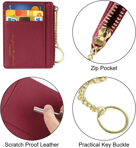Vista 30 de URAQT Cartera para tarjetas de crédito, cartera minimalista de cuero delgado con cremallera, mini protector de tarjeta de crédito, llavero bolsillo