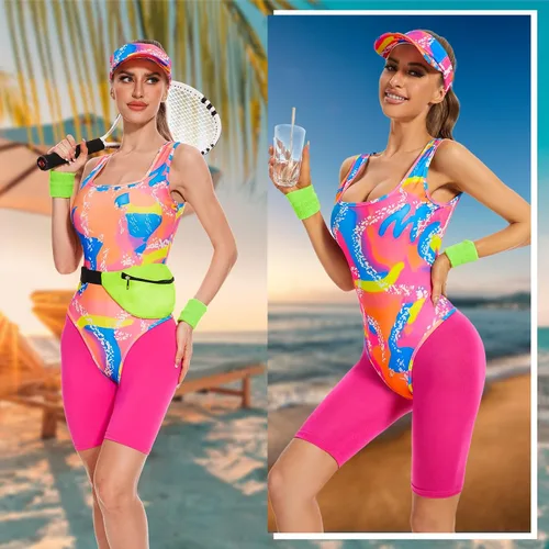 Vista 6 de Disfraz de entrenamiento de los años 80 para Halloween, cosplay, trajes de baño para parejas, traje de baño de los años 80 y 90, traje