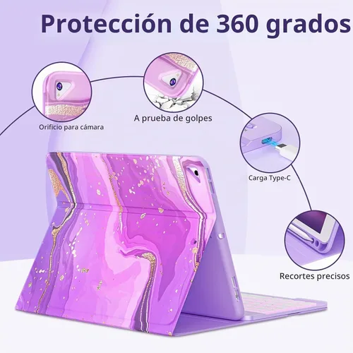 Vista 7 de FUWANG Funda para iPad de 9ª/8ª/7ª generación con teclado de 10,2 pulgadas Lavanda Dorada