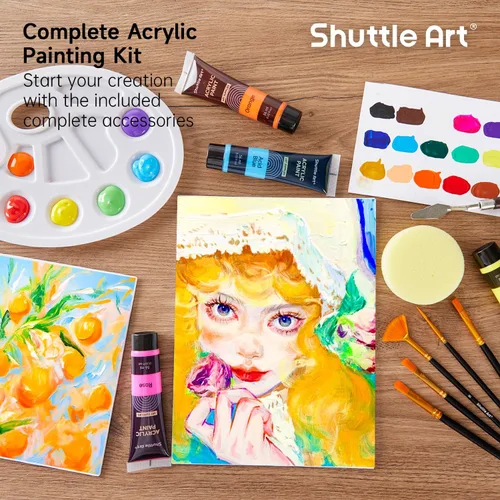 Vista 5 de Shuttle Art Juego de 48 pinturas acrílicas, 30 colores de pintura acrílica (36ml) con 10 pinceles, 5 lienzos, 1 cuchillo de pintura, 1 paleta, 1