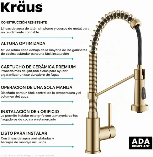 Vista 13 de KRAUS Bolden KPF-1610BB - Grifo de cocina extraíble de una sola manija de estilo comercial con 2 funciones en latón cepillado sin manchas, KPF-1610BB