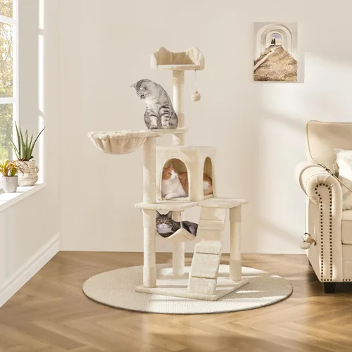 Vista 2 de Yaheetech - Árbol para gatos, torre para gatos de 54 pulgadas de altura para gatos de interior con plataforma extendida y cesta, espacioso Beige
