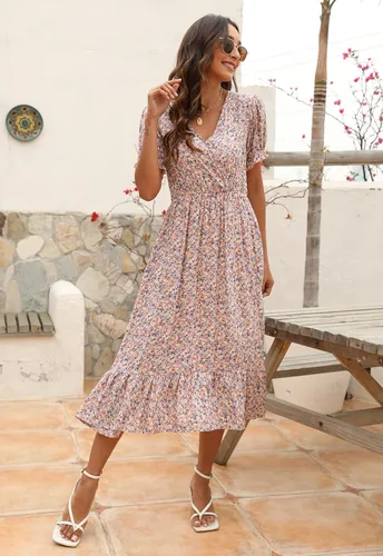 Vista 5 de Manydress Vestidos casuales con estampado floral para mujer vestido de verano con cuello en V bohemio vestido cruzado con bolsillos MY107