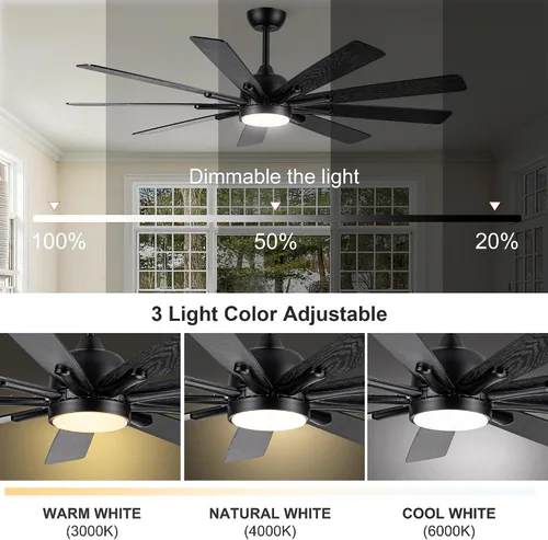 Vista 8 de LKTART Ventilador de techo de 62 pulgadas con luces, ventilador de techo de madera moderna, control remoto, 9 hojas de madera contrachapada de grano