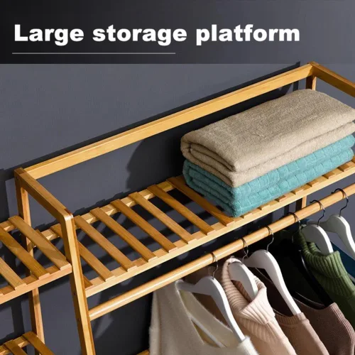 Vista 6 de Freestanding Clothes Hanging Rack with Hooks,Bamboo Garment Rack with Shoe Shelf,Heavy Duty Bamboo Garment Rack,Heavy Duty Bamboo Clothes Rail
