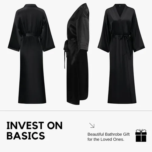 Vista 5 de Bata tipo kimono de satén con bolsillos, bata de satén para mujer, acogedora bata larga de satén para mujer, bata de lujo
