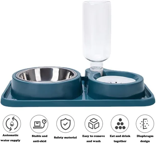 Vista 2 de Love Dream Cuencos dobles para perros y gatos, juego de cuencos de agua y alimentos 2 en 1 con dispensador automático de agua por gravedad, tazón