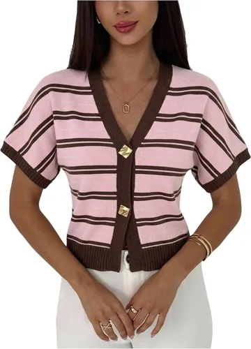 Vista 22 de SOLY HUX Cárdigan de manga corta con cuello en V para mujer Caqui liso.