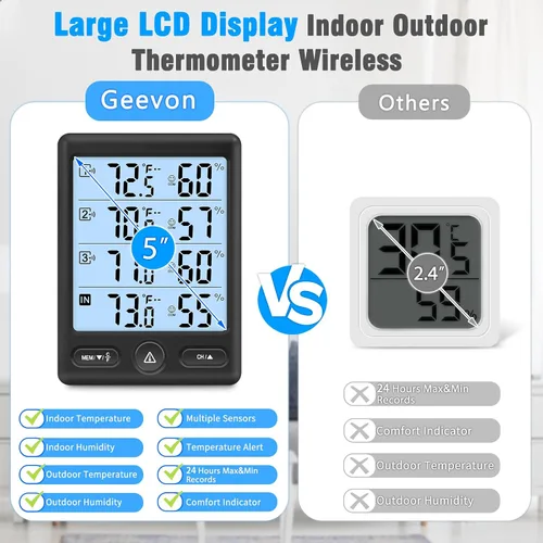 Vista 5 de Geevon Termómetro inalámbrico para interiores y exteriores, 3 sensores remotos, pantalla de 5 pulgadas, termómetro higrómetro digital, monitor
