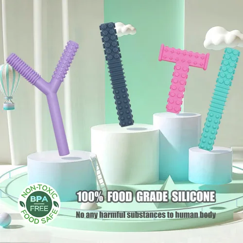 Vista 2 de Juguetes sensoriales para masticar para niños autistas, paquete de 4 tubos masticables para niños, silicona suave y duradera, herramientas motoras