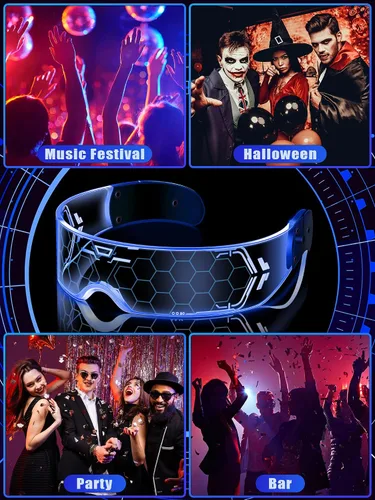 Vista 7 de TOODOO 4 pares de anteojos con visera LED, gafas futuristas luminosas para rave, 7 colores, 4 modos para club, fiesta de Navidad