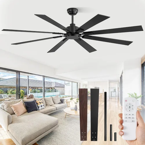Vista 12 de Ventilador de techo de 62 pulgadas sin luz con control remoto, 8 aspas de motor CC reversible silencioso, 6 velocidades, temporizador, acabado Negro