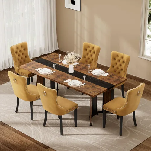 Vista 29 de Juego de mesa de comedor de 5 piezas con 4 sillas, mesa de comedor rectangular de madera de 71 pulgadas con sillas de comedor de terciopelo, tablero