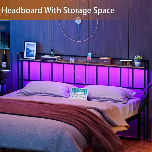 Vista 6 de LAKEMID Cabecera tamaño Queen, cabeceros con luz LED, salidas y puertos USB, cabecera con estante de almacenamiento, cabecera resistente y estable