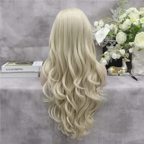 Vista 3 de IMSTYLE Peluca rubia con encaje frontal, pelucas de cabello sintético de onda larga para mujer, línea capilar natural, cabello rubio seguro al Rubio