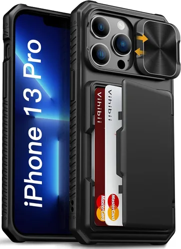 Vista 55 de Vihibii Funda para iPhone 13 Pro Max/iPhone 12 Pro Max con tarjetero (4 tarjetas) [bloqueo RFID] y cubierta de cámara deslizante, protección contra