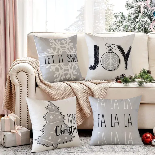 Vista 2 de OTOSTAR Juego de 4 fundas de almohada de Navidad de 45.7 x 45.7 cm, decoración navideña de granja, fundas de almohada de Navidad Joy Xmas Tree Let