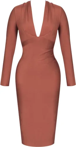 Vista 4 de UONBOX Vestido de vendaje ajustado con cuello en V y mangas largas drapeadas hasta la rodilla para mujer